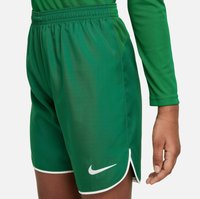 Shorts de sport verts en matériau léger, avec un accent blanc le long de l'ourlet et un logo Nike sur le bas à gauche.