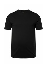 Černé tričko s krátkým rukávem vyrobené z hladké bavlny, s kulatým výstřihem a decentní nášivkou loga blízko dolního lemu.