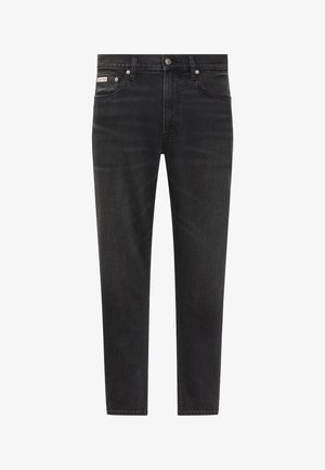 Herre sorte slim-fit jeans med fem lommer, bæltestropper og lukning foran med knapper, med et lille Calvin Klein mærke på frontlommen.