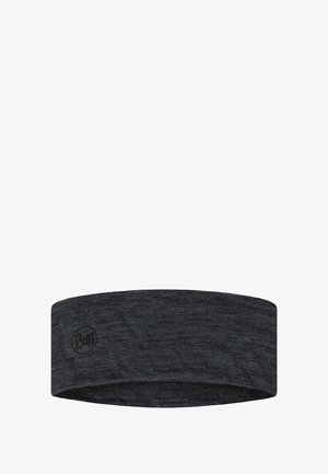 Dark gray fabric headband with subtle texture and small circular logo on one side.