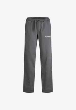 Pantalon de survêtement gris avec une taille élastique, un cordon de serrage et un logo blanc sur le côté gauche. Fabriqué avec un tissu doux et lisse. Coupe décontractée.