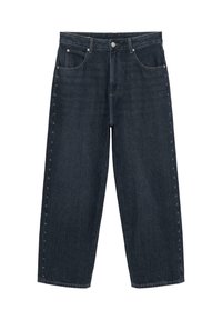 Jean large à jambes larges bleu foncé avec poches avant, fermeture à boutons, et petites décorations en forme d'étoiles le long des coutures extérieures des deux jambes.