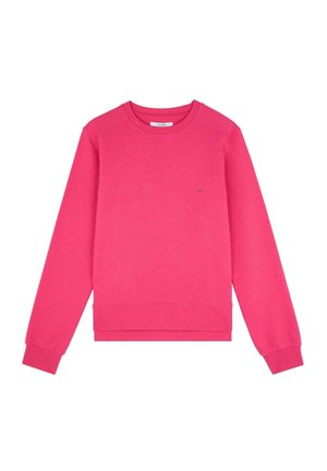 Różowy sweter z miękkiej bawełny. Ma okrągły dekolt, długie rękawy, ściągacze u mankietów i małe logo z przodu.