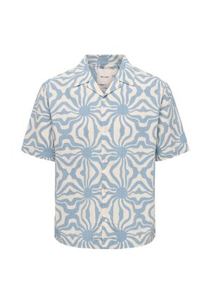 Chemise à manches courtes avec boutons, motif géométrique éclat de soleil bleu clair et blanc, col à revers et tissu texturé.