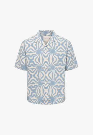 Chemise à manches courtes avec boutons, motif géométrique éclat de soleil bleu clair et blanc, col à revers et tissu texturé.