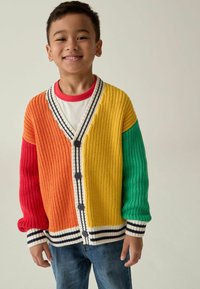 Bunt gestrickte Strickjacke mit orangen, gelben, grünen und roten Abschnitten, einem gestreiften Kragen und Knopfverschluss. Lässige Passform.