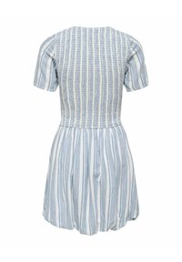 Robe à rayures verticales bleues et blanches à manches courtes, corsage froncé ajusté et jupe évasée, vue de dos.