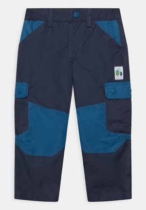 Morskie granatowe i turkusowe spodnie cargo dla dzieci z guzikowymi kieszeniami z klapkami oraz naszywką "Explore" przedstawiającą drzewa na prawej udzie.