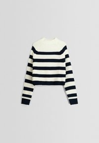 Zkrácený pletený svetr v krémové a námořnické barvě, s horizontálními pruhy, ribbovanou texturou a kulatým výstřihem a raglánovými rukávy.