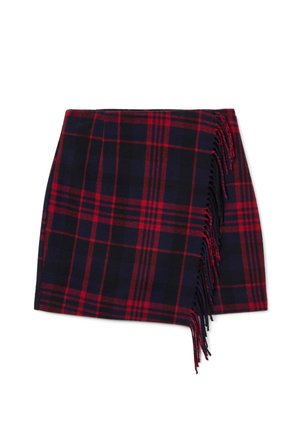 Plaid mini skirt in navy, red, and black. Features a fringed hem and a fitted design, made from soft fabric with a smooth texture.