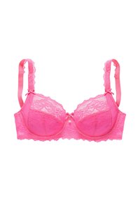 Pink lace bra featuring soft cups, adjustable straps, and a small decorative bow with a pearl accent at the center.