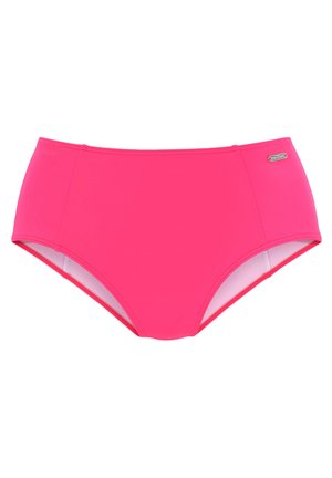 Rosa High-Waist-Bikiniunterteile aus glattem Stoff, mit einem klassischen Schnitt und einem kleinen metallischen Logo-Highlight am Bund.