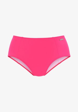 Pink high-waisted bikini bottoms made of smooth fabric, featuring a classic cut and a small metallic logo accent on the waistband.