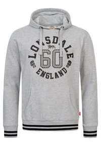 Hoodie grigio in misto cotone, con stampa grafica nera con "LONSDALE 60 INGHILTERRA", tasca anteriore e polsini a righe neri.