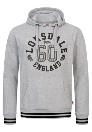 Pilkas džemperis su gobtuvu, pagamintas iš medvilnės mišinio, su juodu grafiniu spaudiniu "LONSDALE 60 ENGLAND", priekinė kišenė ir juostos juodais rankogaliais.
