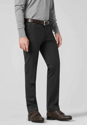 Dark gray tailored pants with a slim fit, featuring a smooth texture and a brown woven belt. Brown textured shoes complete the outfit.