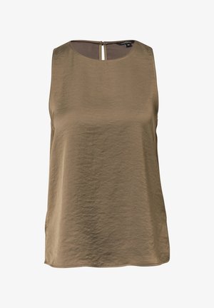 Top senza maniche di colore marrone chiaro, con scollatura rotonda, tessuto leggermente texture e chiusura a chiave sul retro con bottone nascosto.