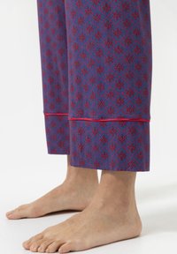 Blauwe gestreepte broek met rode bloemenprint, met een rechte snit en zoomaccenten, rustend boven blote voeten op een witte ondergrond.