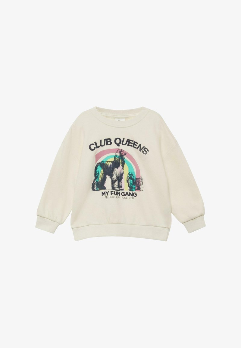 Sweatshirt crème avec deux chiens illustrés sous un arc-en-ciel et le texte "CLUB QUEENS" ainsi que "MES COPAINS DE BANDE AMUSANTS JOUENT ENSEMBLE."