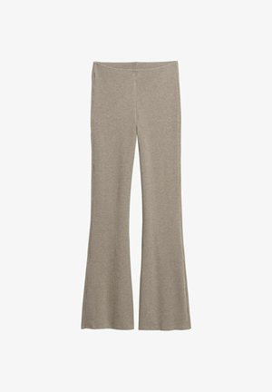 Grå ribstrikkede bukser med vidde og en glat talje. Stoffet har en blød tekstur, og designet har en let vidde fra knæet.