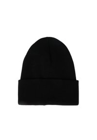 Berretto di maglia nero con risvolto. Caratterizzato da una texture a coste e un design semplice e senza adornamenti. Realizzato in materiale morbido e elastico.