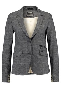 Dopasowana szara marynarka w kratę typu pepitka, z dwoma przednimi kieszeniami, zapięciem na dwa guziki i beżową podszewką. Rękawy ozdobione paskami.