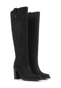 Knee-high black suede boots with a square toe, chunky heel, and side accents. Smooth texture with minimal design detailing.