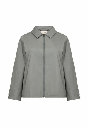 Light grey jacket featuring a collared neckline, front zipper closure, and long sleeves with buttoned cuffs. Smooth, matte fabric texture.
