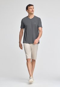 Camiseta gris de cuello en V hecha de algodón, combinada con pantalones cortos de color beige claro y zapatillas. La camiseta cuenta con un pequeño logo bordado en el pecho.