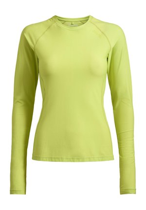 Dámska priliehavá športová blúzka s dlhým rukávom v limetkovo zelenej farbe, so zaobleným výstrihom a jemne textúrovanou látkou.
