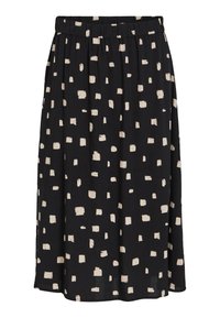 Svart midilång kjol med elastisk midjeband, med ett oregelbundet mönster av spridda beige fyrkantiga former.