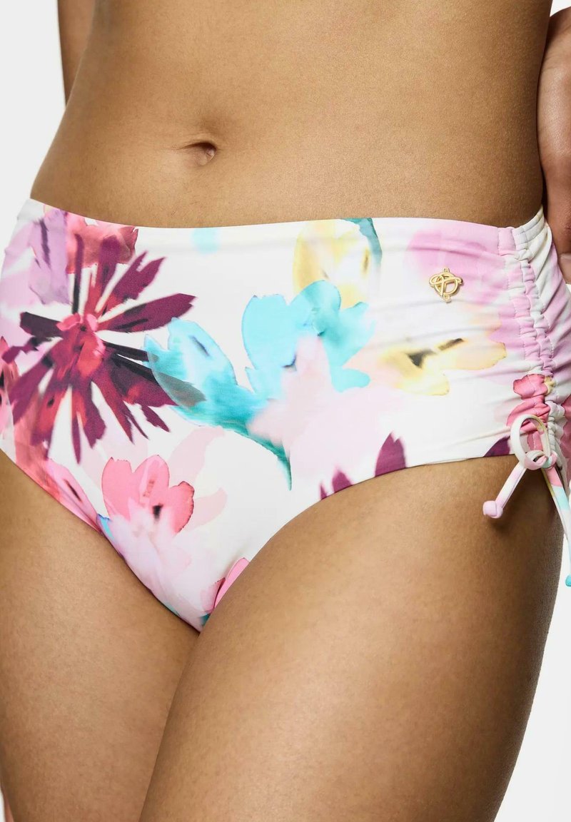 Blumiger Bikini-Höschen mit einem weißen Hintergrund und Mustern in Pink, Blau und Lila. Seitliche Bindebänder mit verstellbaren Elementen sorgen für eine bessere Passform.
