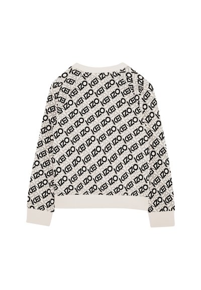 Sweatshirt noir et blanc avec un motif répété du logo "KENZO" sur un fond crème, col rond côtelé et poignets.