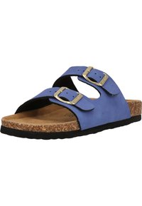 Blaue Wildleder-Sandalen mit zwei verstellbaren Riemen, goldenen Schnallen, Korkfußbett und strukturiertem schwarzen Gummisohle. Offenes Zehendesign.