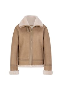 Tan schapenvachtjack met een grote, zachte kraag, ritssluiting aan de voorkant, twee zijzakken en met bont gevoerde manchetten. Gladde buitenkant met stikdetails.