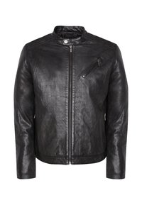 Svart läderjacka med ståkrage, frontdragkedja och en ficka med dragkedja på vänster bröst. Har en mjuk textur och en skräddarsydd passform.