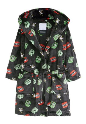 Tmavosivý detský župan s kapucňou s potlačou tvárí Minecraft Creeper, blokov TNT a kurčiatok v zelených, červených a bielych farbách.