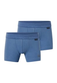 Blaue Baumwoll-Boxershorts mit elastischem Bund, ausgestattet mit einer Fronttasche und einem kleinen Logodetail an der Seite. Set mit zwei Paaren.