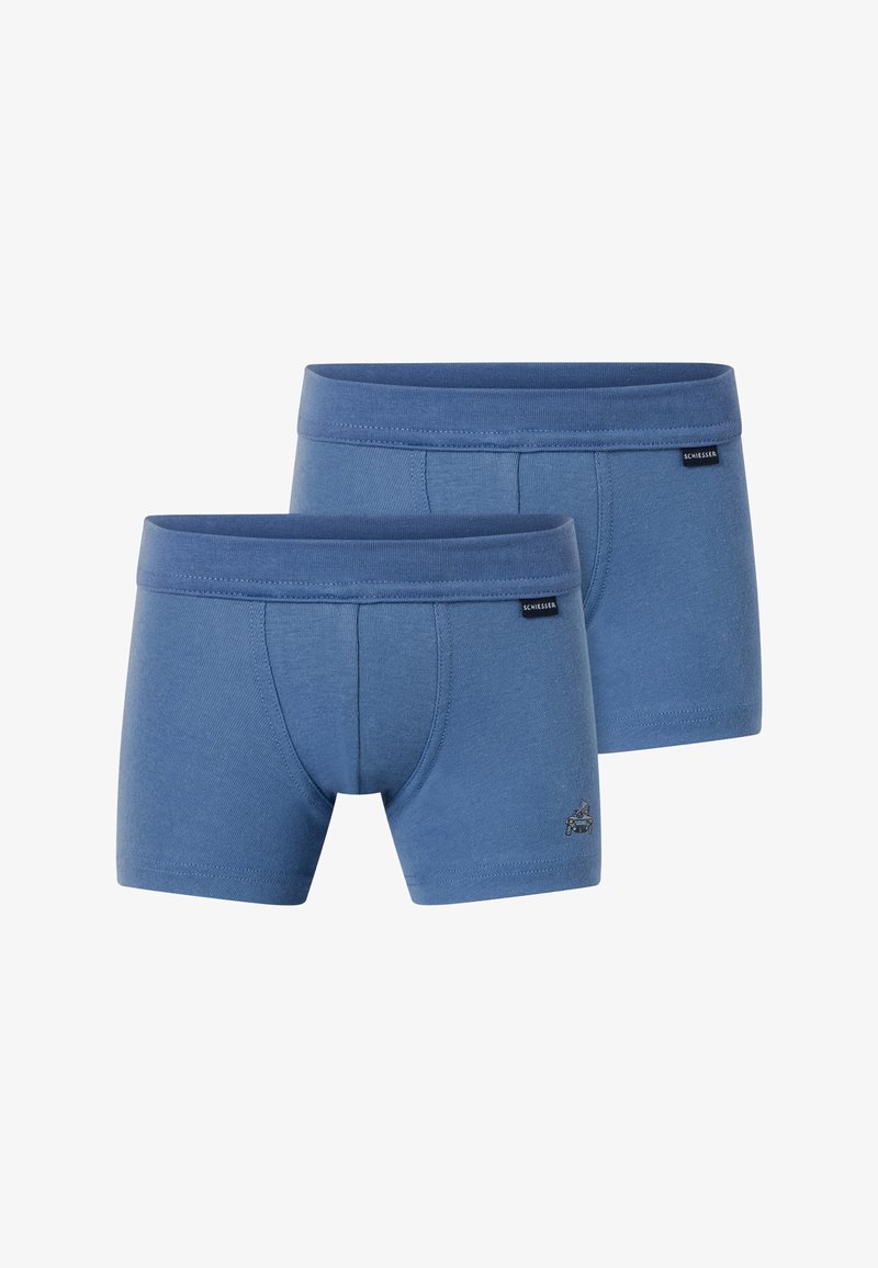 Blue cotton boxer briefs with elastic waistband, featuring a front pouch and a small logo detail on the side. Set of two pairs.