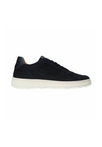 Navy-Suede-Sneaker mit hellgrauen Akzenten, weißer Gummisohle und runder Zehenpartie. Mit Schnürung und einer glatten Oberfläche an der Oberseite.