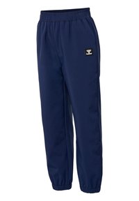 Marineblaue Sporthosen aus weichem Stoff mit einem elastischen Bund, schmal zulaufenden Bündchen, Seitentaschen und einem kleinen schwarzen Logo-Patch.