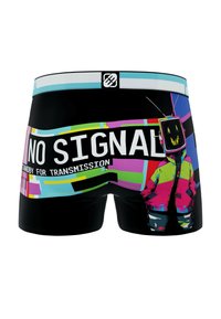 Boxer shorts noirs ornés d'un motif graphique coloré représentant un personnage avec une tête de télévision, accompagné du texte "AUCUN SIGNALE" et de motifs géométriques vifs.
