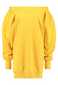 Sudadera amarilla sin hombros con mangas fruncidas, puños acanalados y dobladillo. Logo "IVY PARK" sutilmente grabado en el escote. Textura suave.