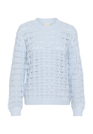 Pull en tricot bleu clair avec un motif ajouré texturé, des poignets et un ourlet côtelés, et un col rond. Matériau doux et léger.