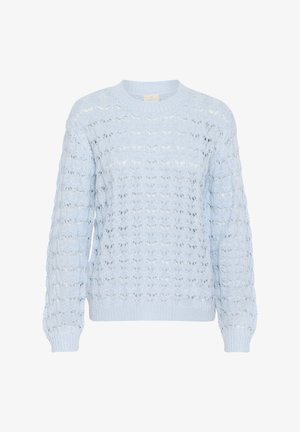 Lyseblå strikket sweater med en tekstureret hulmønster, ribbestrikkede manchetter og kant samt en rund halsudskæring. Blødt, letvægtsmateriale.