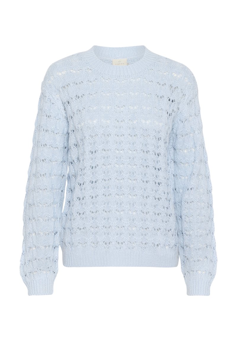 Hellblauer Strickpullover mit strukturiertem Spitzenmuster, gerippten Bündchen und Saum sowie rundem Ausschnitt. Weiches, leichtes Material.