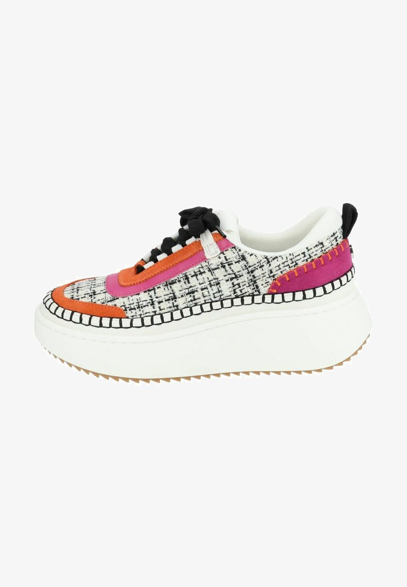 Sneaker platform con una toma bianca testurizzata e accenti multicolori in arancione, rosa e lacci neri. Suola in gomma con un motivo scanalato.