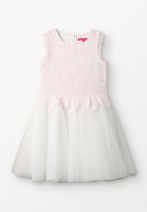 Mouwloze jurk met roze kanten lijfje, geschulpte taille en witte tule rok, met ritssluiting aan de achterkant.