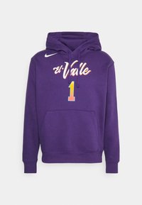 Sweat à capuche violet en polaire, avec une poche kangourou à l'avant, une capuche avec cordon de serrage, et un motif coloré « el Valle » avec le numéro « 1 ».