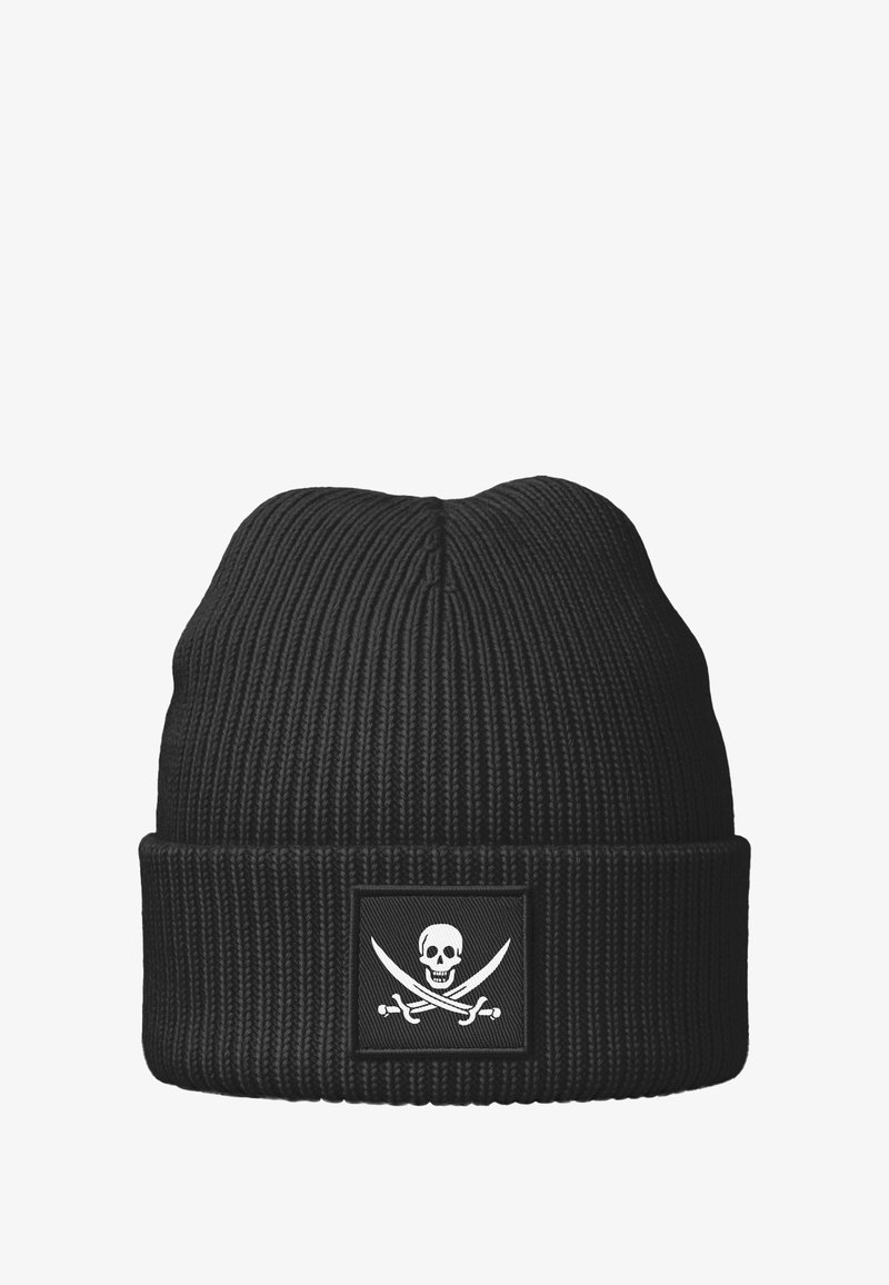 Black ribbed knit beanie with folded cuff featuring a patch of crossed swords and a skull in white on the front center.